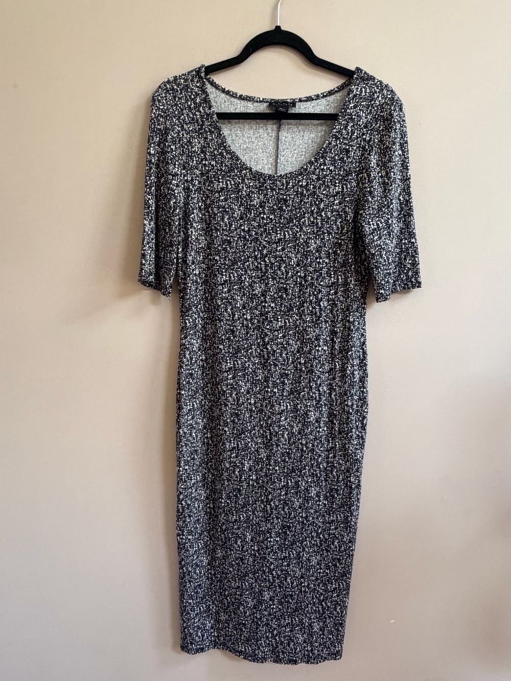 Metaphor Abstract Patterned 3/4 Sleeve Midi Dress, Casual Stretchy Spring Comfy